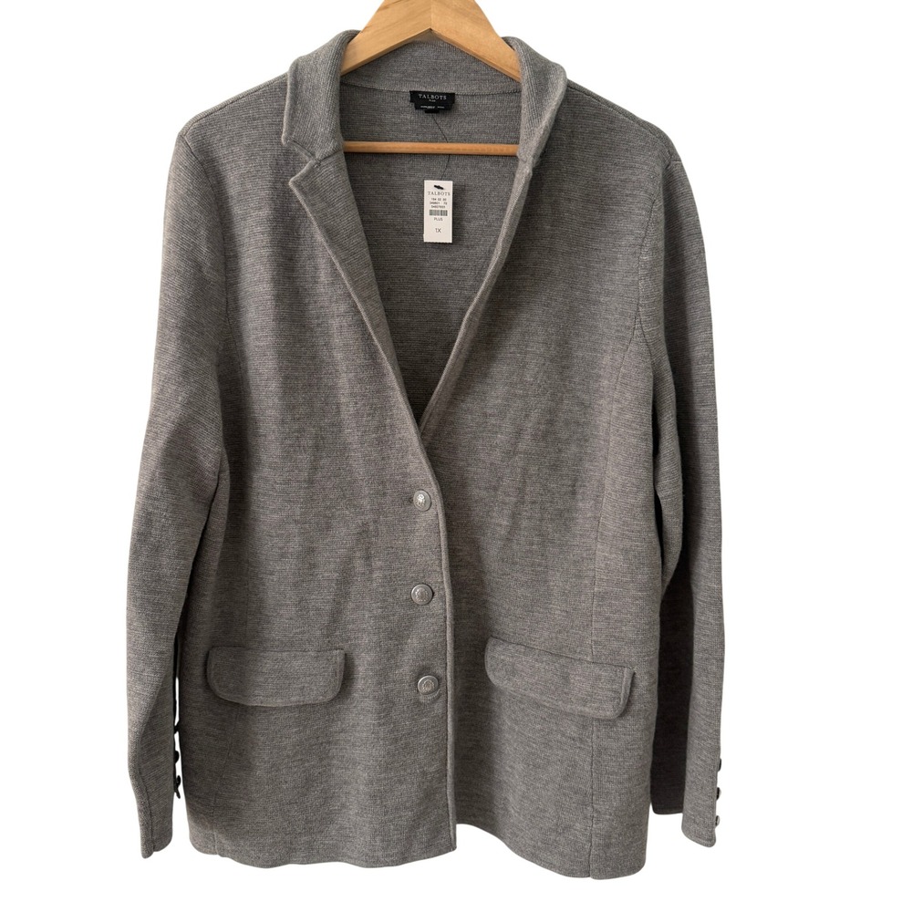 Talbots Blazer Jacket Womens 1X Gray NEW Merino Wool Knit Crest Button 54807655